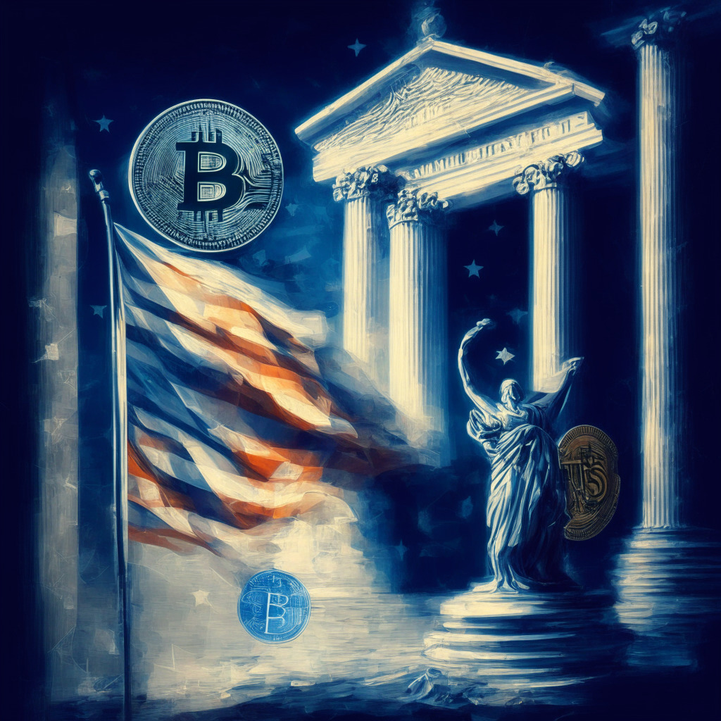 Cryptocurrency regulation debate in the US, European MiCA law as potential model, chiaroscuro light setting, contrast of innovation and security, cautious optimism mood, expressive brushstrokes, balance between personal freedom and transparency, uncertain yet collaborative future.