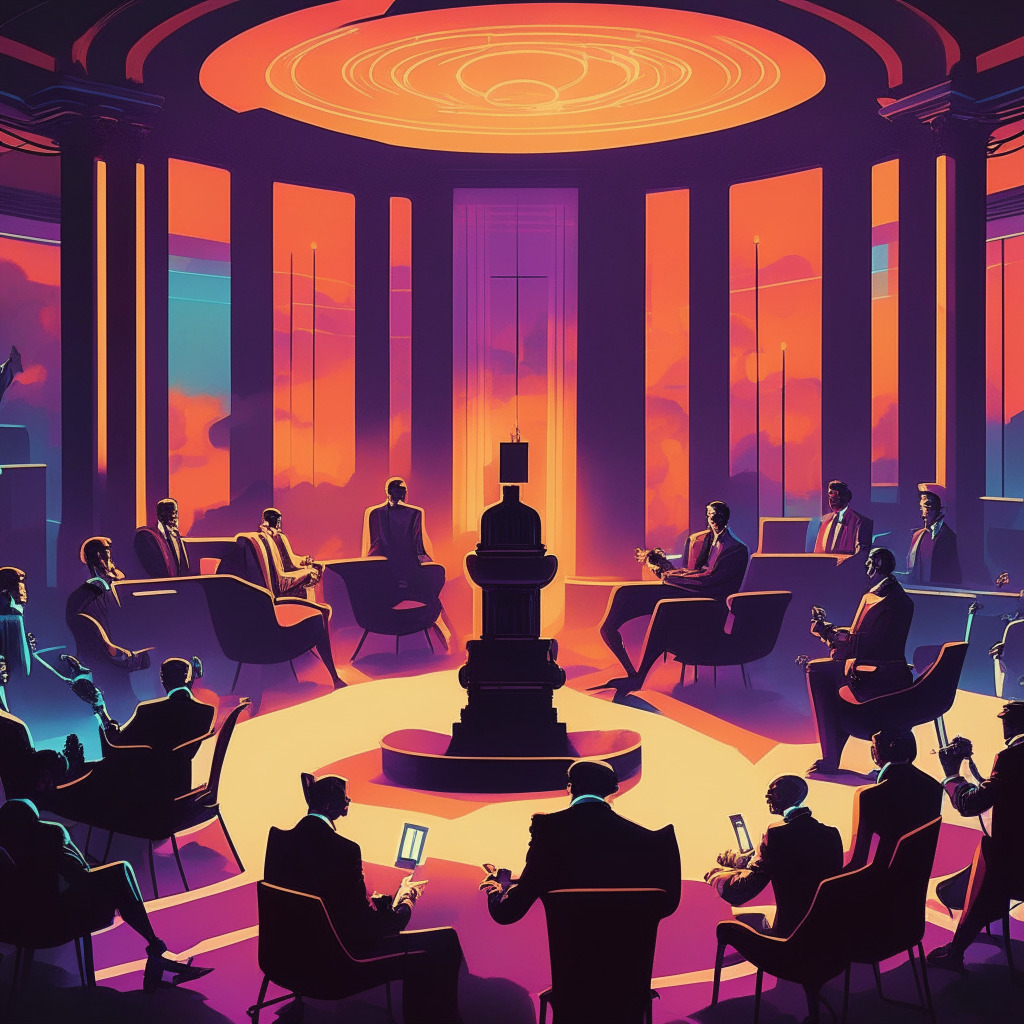 Twilight debate scene, Art Deco style, lawmakers discussing digital assets, contrasting colors symbolizing conflicting viewpoints, subtle glow around advocates of change, contemplative mood, chiaroscuro lighting emphasizing ongoing uncertainty, Ethereum & Bitcoin tokens floating in the air.