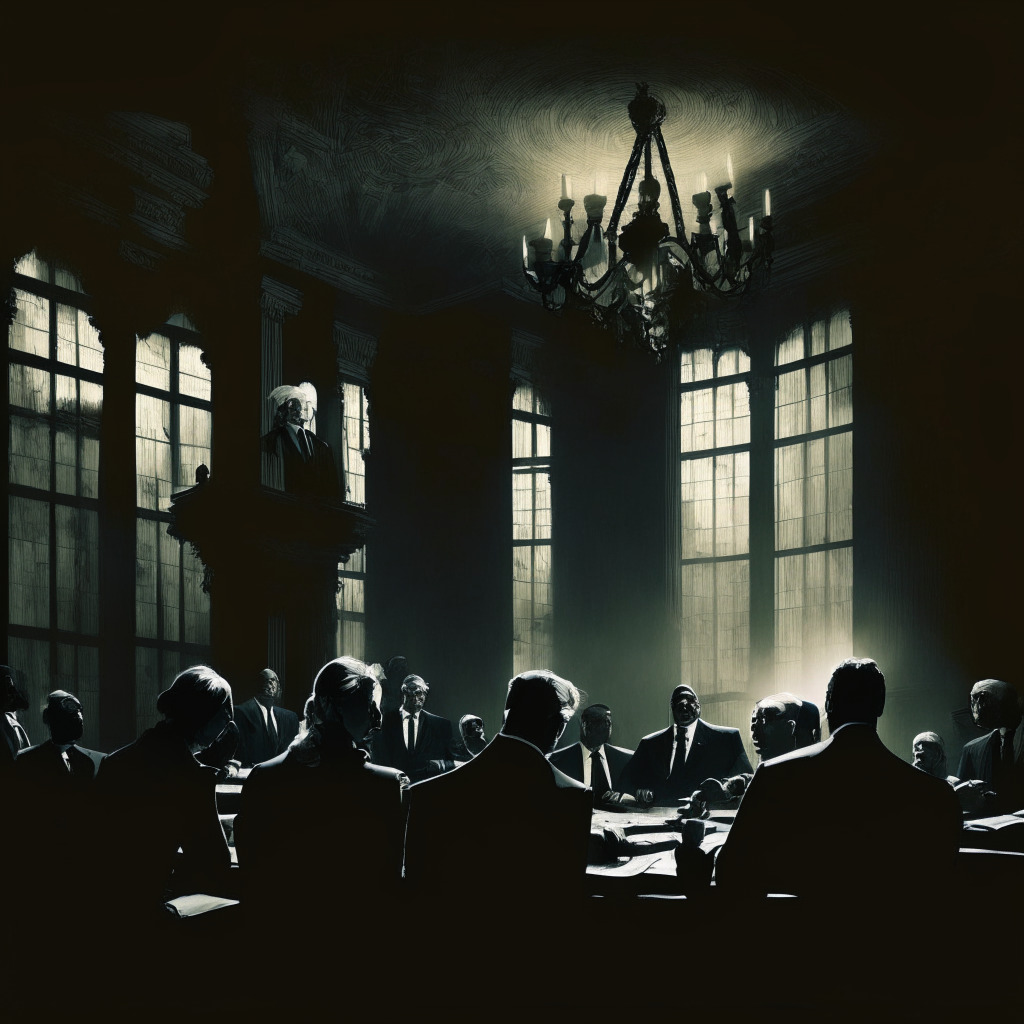 Crisis-ridden banks debate scene, Gothic-style architecture, dimly-lit boardroom, executives with concerned expressions, Yellen speaking assertively, shadows of financial giants looming, uncertain atmosphere, contrasting light and darkness symbolizing potential growth and inherent dangers, in the background, faded image of worried citizens.