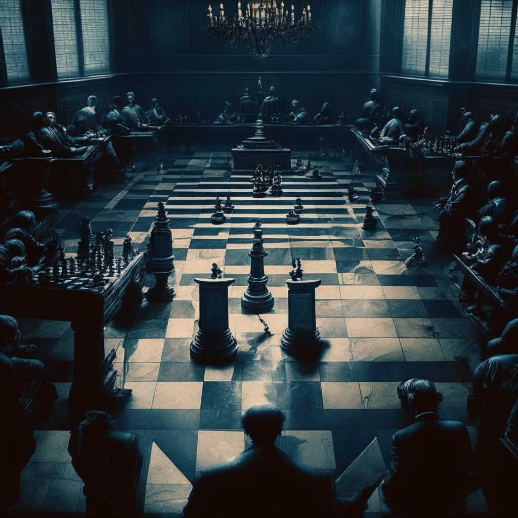 Cryptocurrency conflict, SEC vs. Coinbase, intricate chessboard battle, vintage courtroom interior, dramatic chiaroscuro lighting, intense mood, blurred regulations and question marks in the air, evolving digital economy, shackled industry yearning for clarity, powerful entities supporting Coinbase.