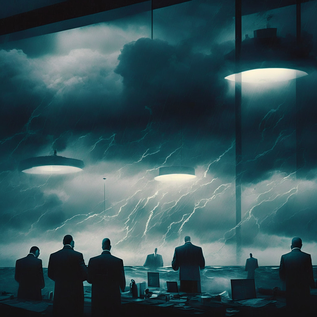 Ethereal crypto crackdown scene: stormy skies, flurry of regulatory papers, CFTC & SEC agents poised for action, offshore operations in misty distance, spotlight on prominent exchanges, tension-filled atmosphere, stern-faced regulators, chiaroscuro lighting, the emergence of clarity and collaboration.