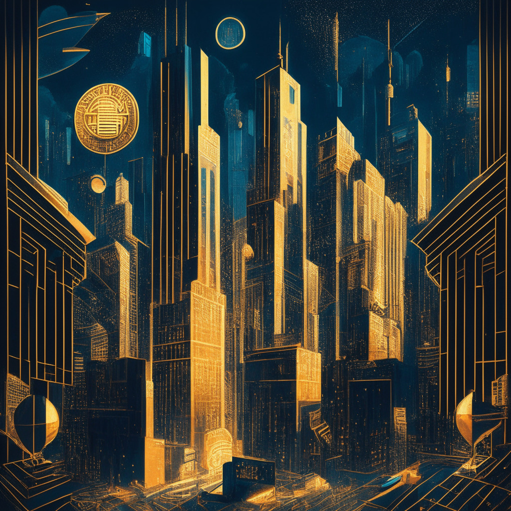 Intricate cityscape with crypto motifs, twilight sky, art deco style, US and foreign flags on buildings, ambient golden streetlights, tense atmosphere, subtle gold vs. bitcoin dilemma, exodus of entrepreneurial figures, emerging NFT tokens around, the weight of uncertainty in the air.
