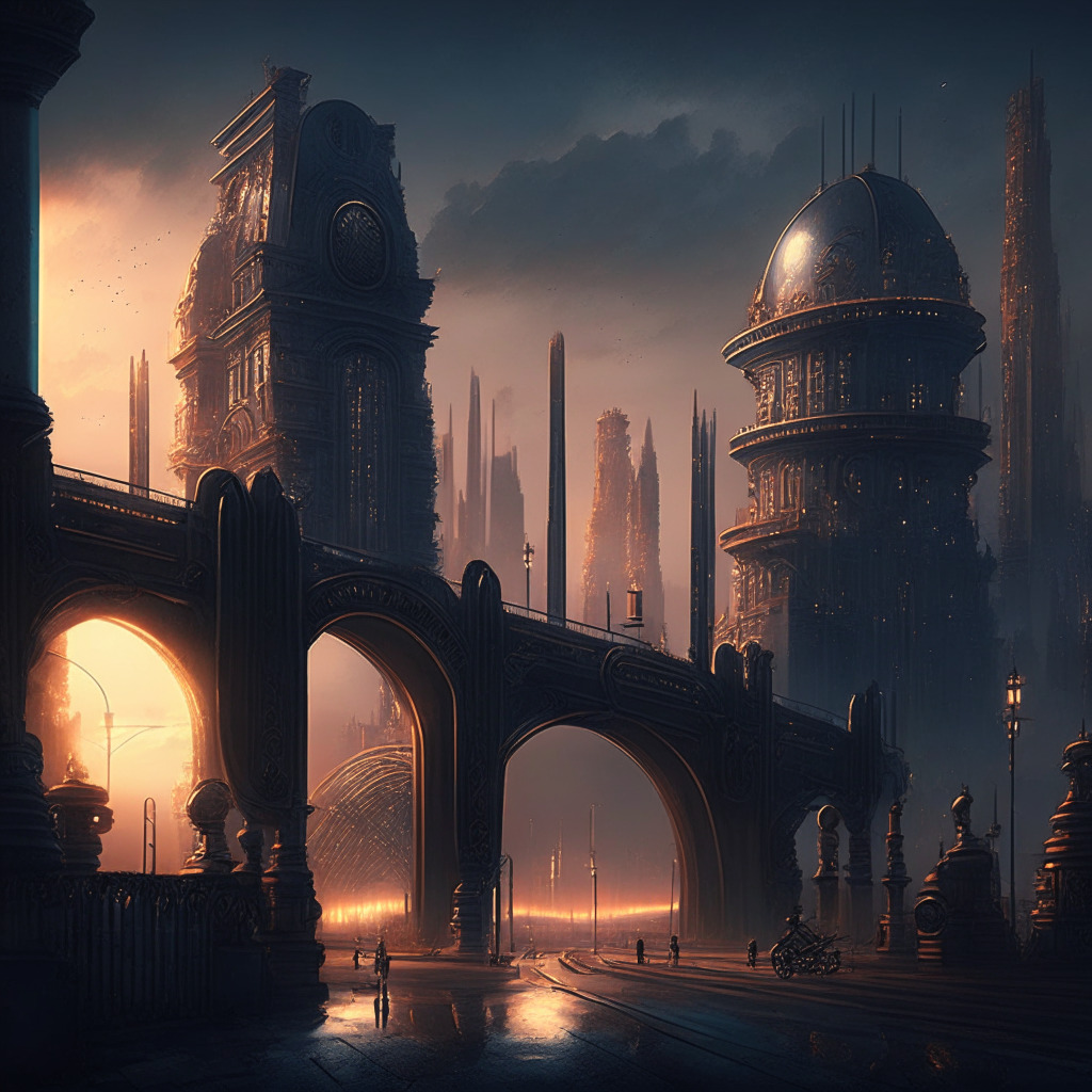 Intricate city skyline at dusk, futuristic and classical architecture blending harmoniously, moody and vibrant lighting emphasizing contrast, regulatory roadblocks symbolized by barricades in the foreground, an ethereal bridge among buildings to represent international collaboration, artistically textured background in steampunk and neoclassical styles.