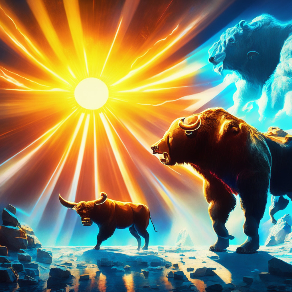 Majestic digital landscape, Bitcoin's symbolic bull & bear, US debt ceiling agreement as background, energetic colors, chiaroscuro lighting, intense mood, bull confidently outpacing bear, bright sunlight ray on lifting ceiling, artistically swirling dollar & Bitcoin, hint of uncertainty.