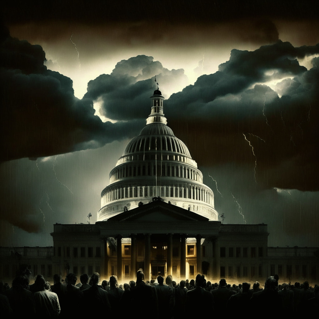 US Debt Ceiling Crisis scene: Dark stormy sky, looming Capitol Building, a worried crowd holding a mix of gold bars, Treasury Bonds, Bitcoins, President Biden & Congress in discussion, chiaroscuro lighting, Renaissance style, mood of anxiety & uncertainty. No brands/logos, 350 char.