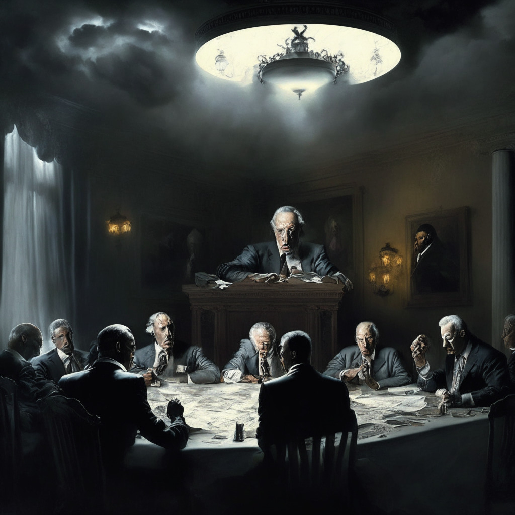 US Debt Ceiling Crisis scene, tense negotiations, President and top Republican at a table, urgent expressions, dimly lit room, neo-baroque style, use of chiaroscuro, clock striking midnight in the background, financial market turmoil depicted through stormy clouds, hints of crypto volatility, overall mood of uncertainty & urgency. (349 characters)