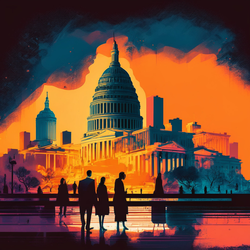 Intricate Washington D.C. skyline, political figures on both sides debating, subtle presence of crypto coins, warm and cool color contrast, juxtaposition of traditional government and modern tech, glowing light highlighting hope, soft brush strokes, energetic, uncertain yet optimistic mood.