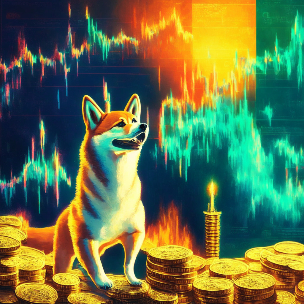 Cryptocurrency theme, Shiba Inu coin soaring, US debt ceiling deal, rising chart with bullish engulfing candles, sense of financial stability, various market factors at play, daytime setting, vivid colors, impressionist artistic style, optimistic mood.
