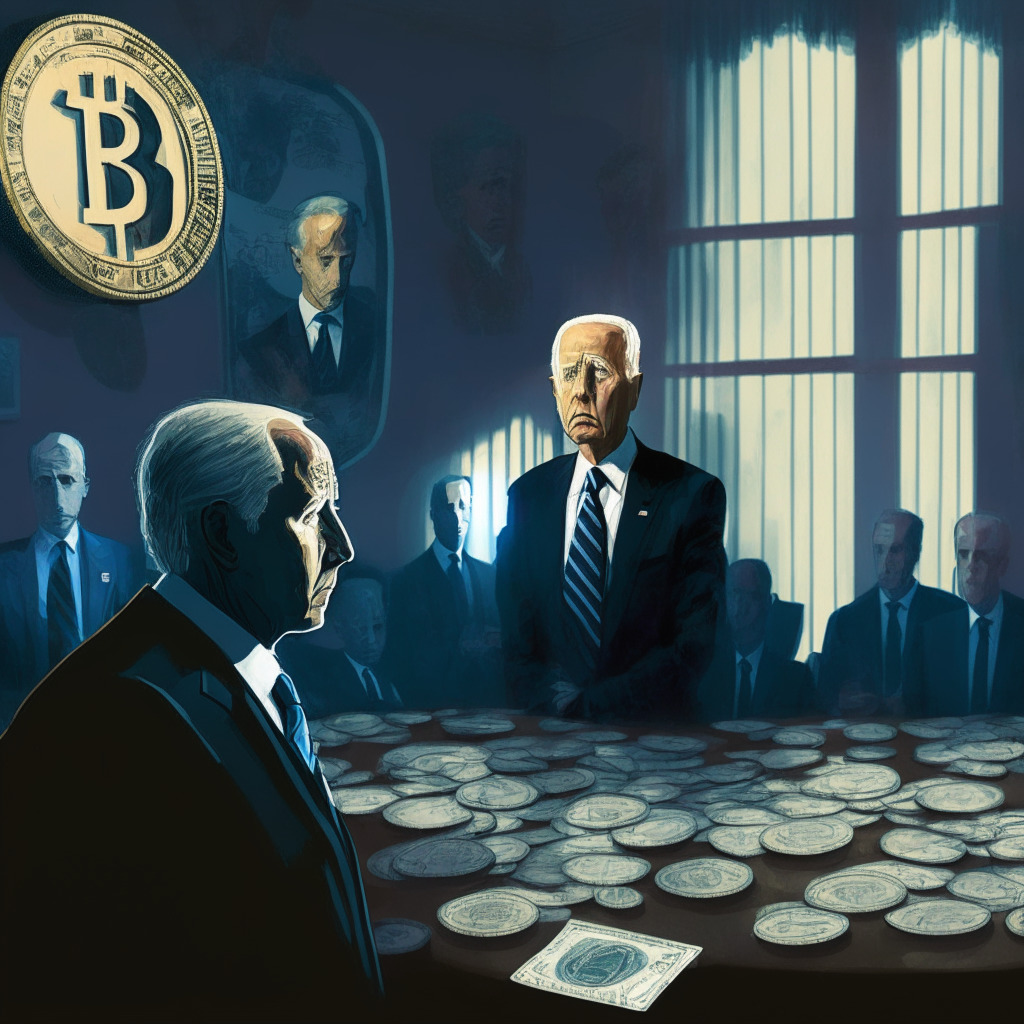 Gloomy financial conference room, President Biden in tense negotiations with Republicans, US Dollar & Bitcoin symbols in the background, an hourglass on June 1, light casting dramatic shadows, impressionist style, anxiety & uncertainty in characters' expressions, split image: struggling global stock market and falling cryptocurrencies.