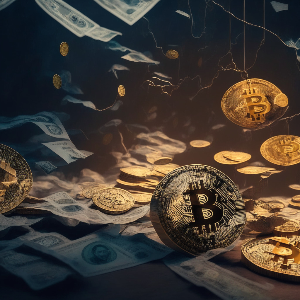Cryptocurrency market amidst US debt-ceiling uncertainty, gloomy atmosphere, digital coins floating in tense air, global institutions on tightrope, political shadows cast, torn paper of traditional currencies, Bitcoin as an uncertain yet vibrant beacon, mellow light setting, soft contrasting hues, potential crossroads for crypto adoption.