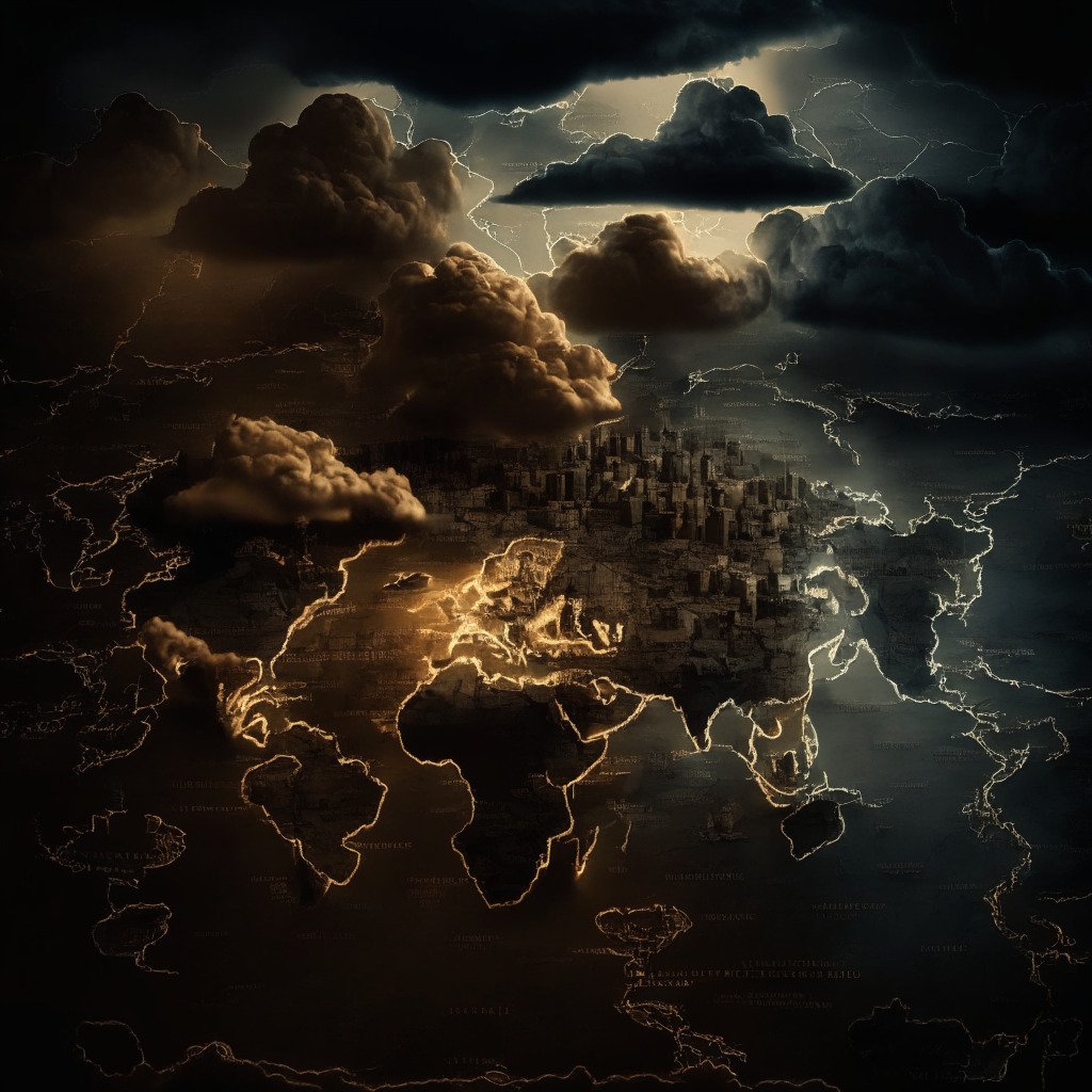 Aerial view of US map, dark storm clouds looming overhead, glowing crypto coins in various corners, warm chiaroscuro light, Baroque style, intense shadows, contrasting highlights, worried investors, discreet Bitcoin reference, representation of economic uncertainty, tension-filled atmosphere.