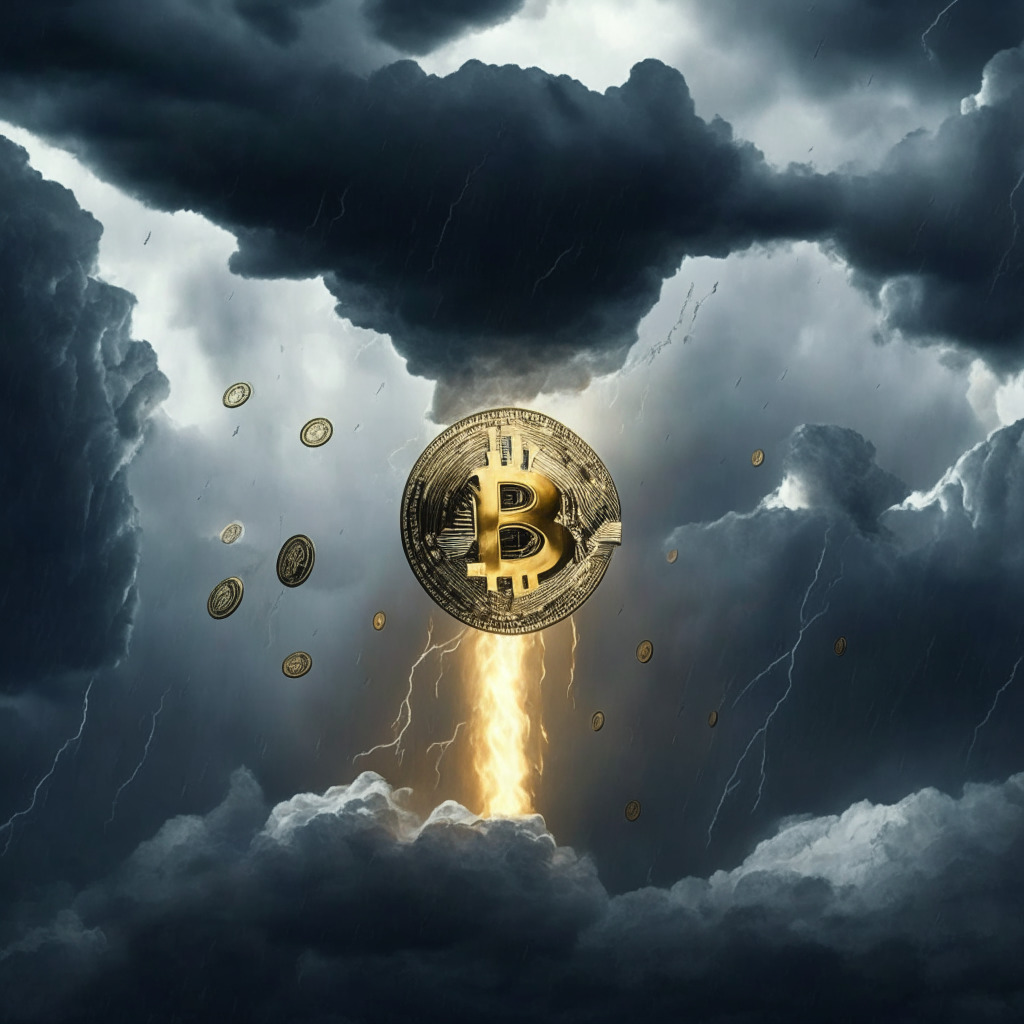 US debt default threat, crypto market reaction, uncertain atmosphere, cascading dollar bills & digital coins, ethereal clash of traditional and virtual finance, dark cloudy skies, golden and silver hues representing Bitcoin and Ethereum, a dubious beacon of light amidst chaos, contrasting mood of anxiety and hope.