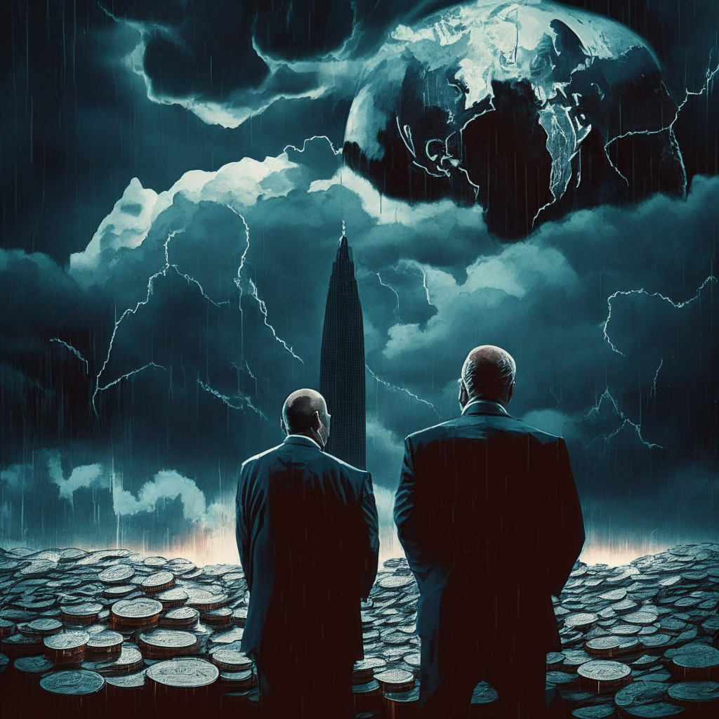 US default risk scene, tension between President and top Republican, global financial markets at stake, volatile equities, stormy clouds over Wall Street, dimly lit atmosphere, anxious mood, looming deadline, crypto resilience, Bitcoin and Ethereum coins in the foreground, shattered stock prices, ripple effect on cryptocurrency, urgent negotiations, chiaroscuro style.