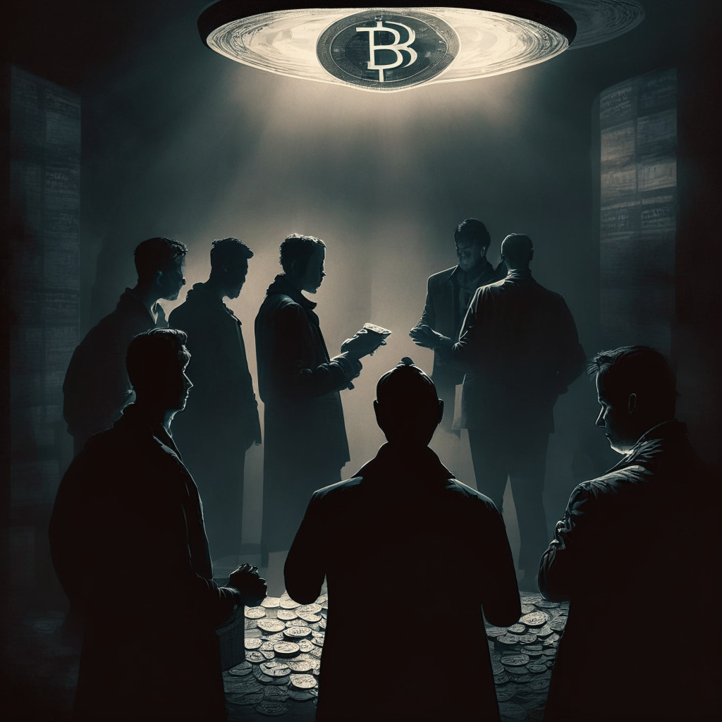 Cryptocurrency market intrigue, US government involvement, dark and mysterious atmosphere, chiaroscuro lighting, subtle textural details, moody tonality, Bitcoin and wallet exchanging hands, skeptical onlookers, shadows symbolizing rumours and misinformation, contrast between facts and misconceptions, dynamic financial backdrop.