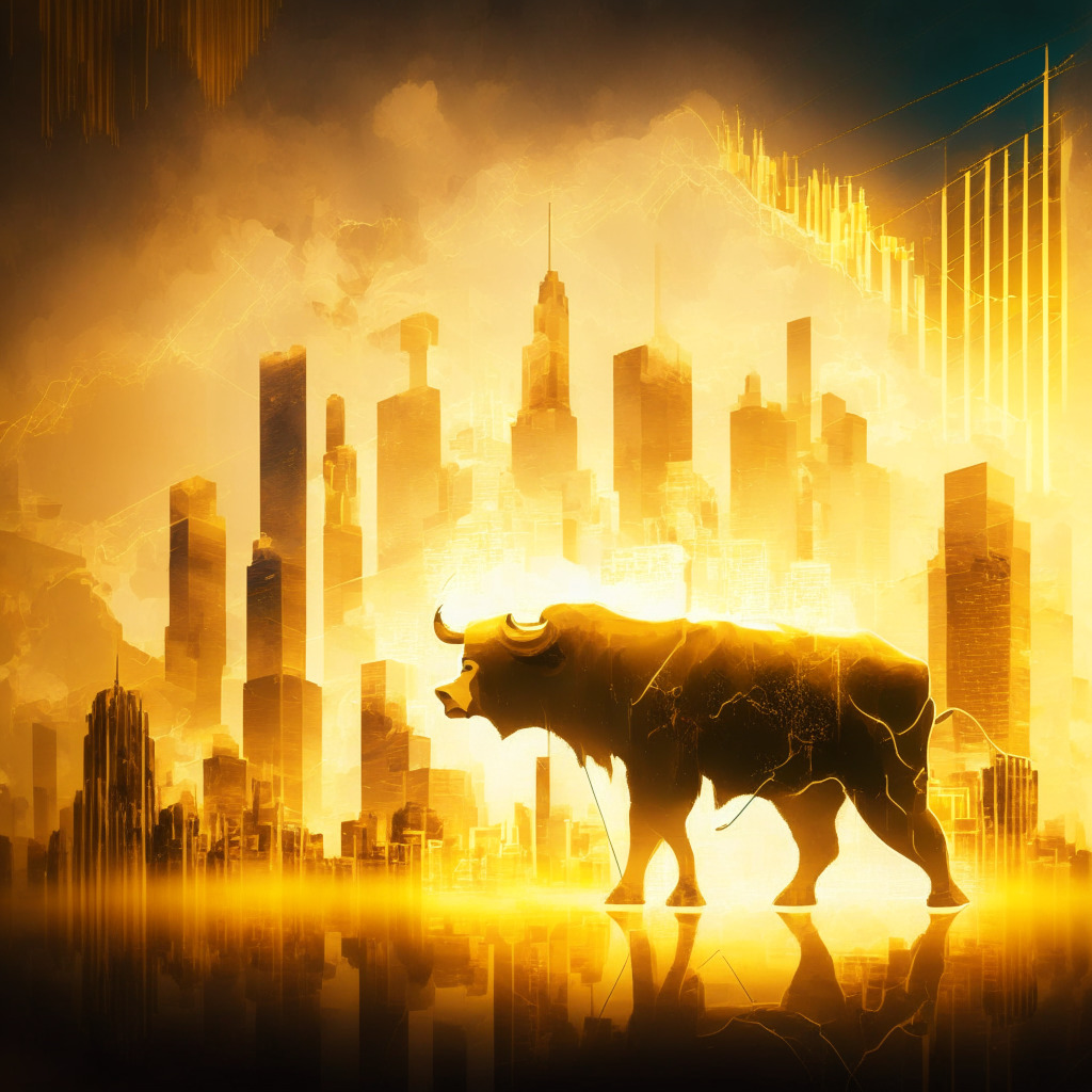 Ethereal city skyline, golden hues, Bitcoin symbol made of clouds, large computer screen displaying US inflation data and graph, subtle arrows pointing upward and downward, a bear and a bull in the background, dynamic mood, surreal brushstrokes with chiaroscuro lighting.