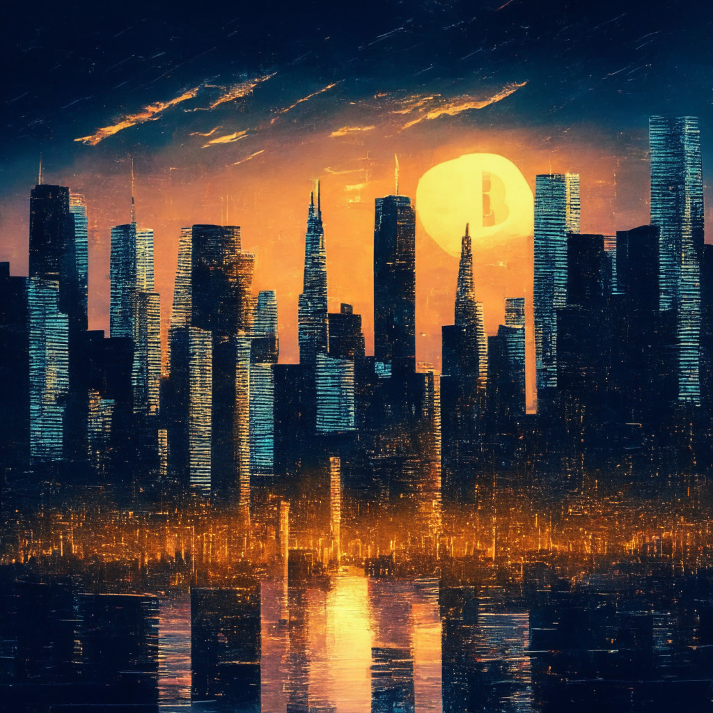 Intricate city skyline with Bitcoin rising, twilight glow, impressionist style, calming atmosphere, financial market in the background, paused interest rate hike, diminishing US inflation, air of opportunity, contrasting volatility, balanced investment decisions, digital currency world.
