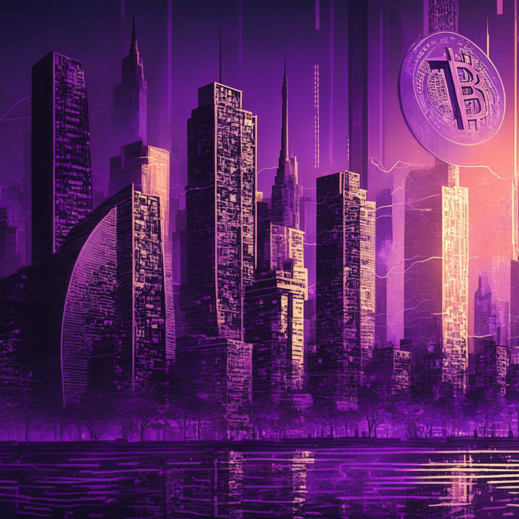 Intricate cityscape at dusk, reflecting financial district, cryptocurrency symbols amidst buildings, light setting: warm glow with a purple hue, Artistic style: Impressionism, central focus: a large graph depicting inflation surge, mood: dynamic tension between growth & caution.