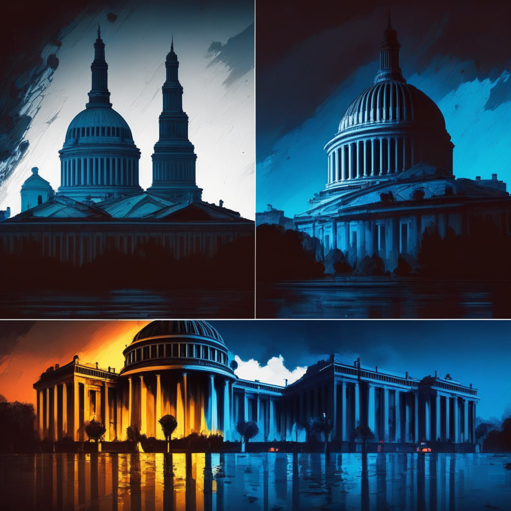 Gloomy US Capitol overshadowed by vibrant European cityscapes, divided panels displaying EU MiCA framework vs. fragmented US crypto regulations, subtle contrast of lights (EU vibrant, US bleak), sense of urgency & innovation in EU sector, blend of modern and classical artistic styles, moody & intense atmosphere.