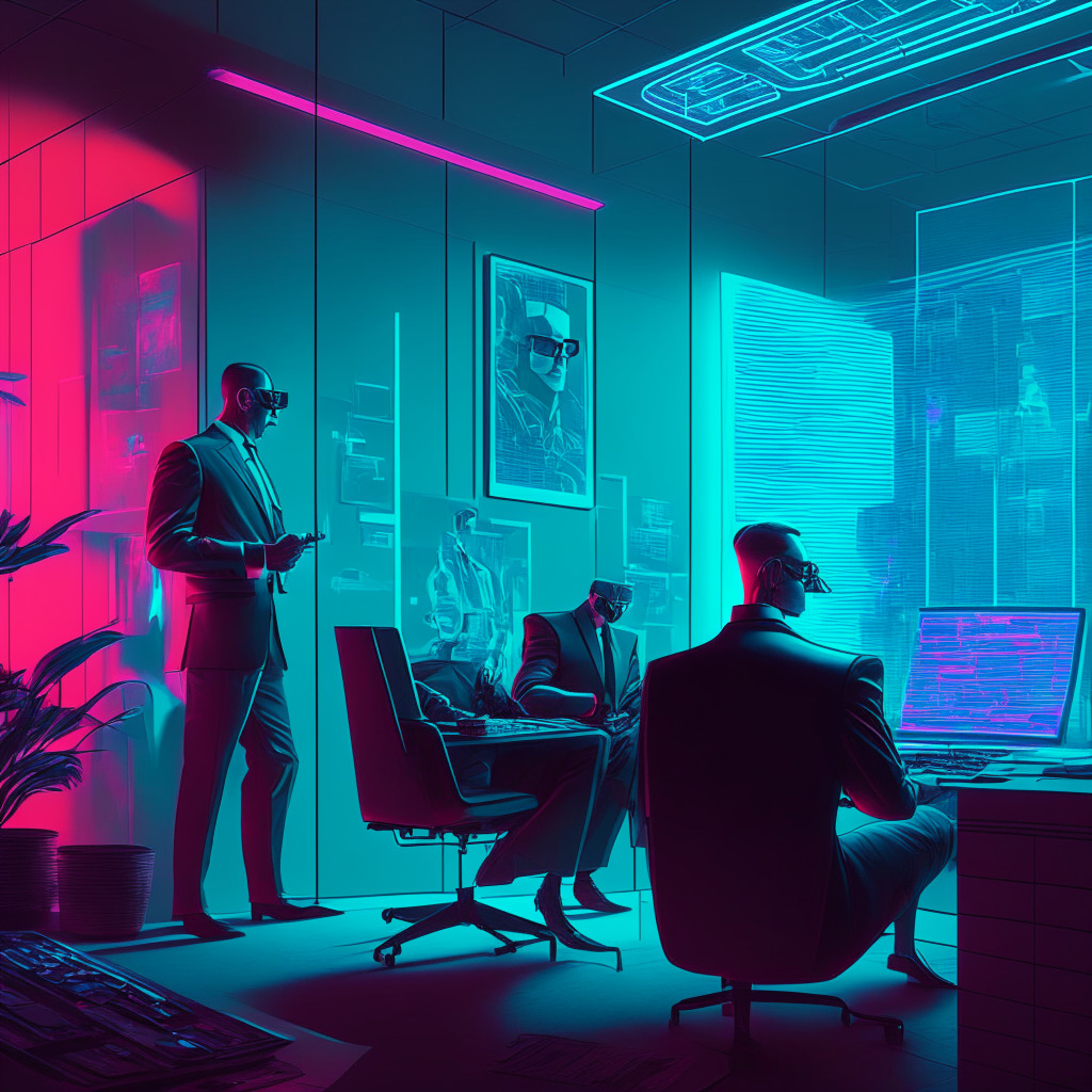 US Secret Service agents with NFTs & crypto in a futuristic office, soft glowing light, cyberpunk aesthetic, agents analyzing blockchain data, mood of intrigue & vigilance, a transparent holographic screen showing tracked illicit funds, subdued color palette with neon highlights.
