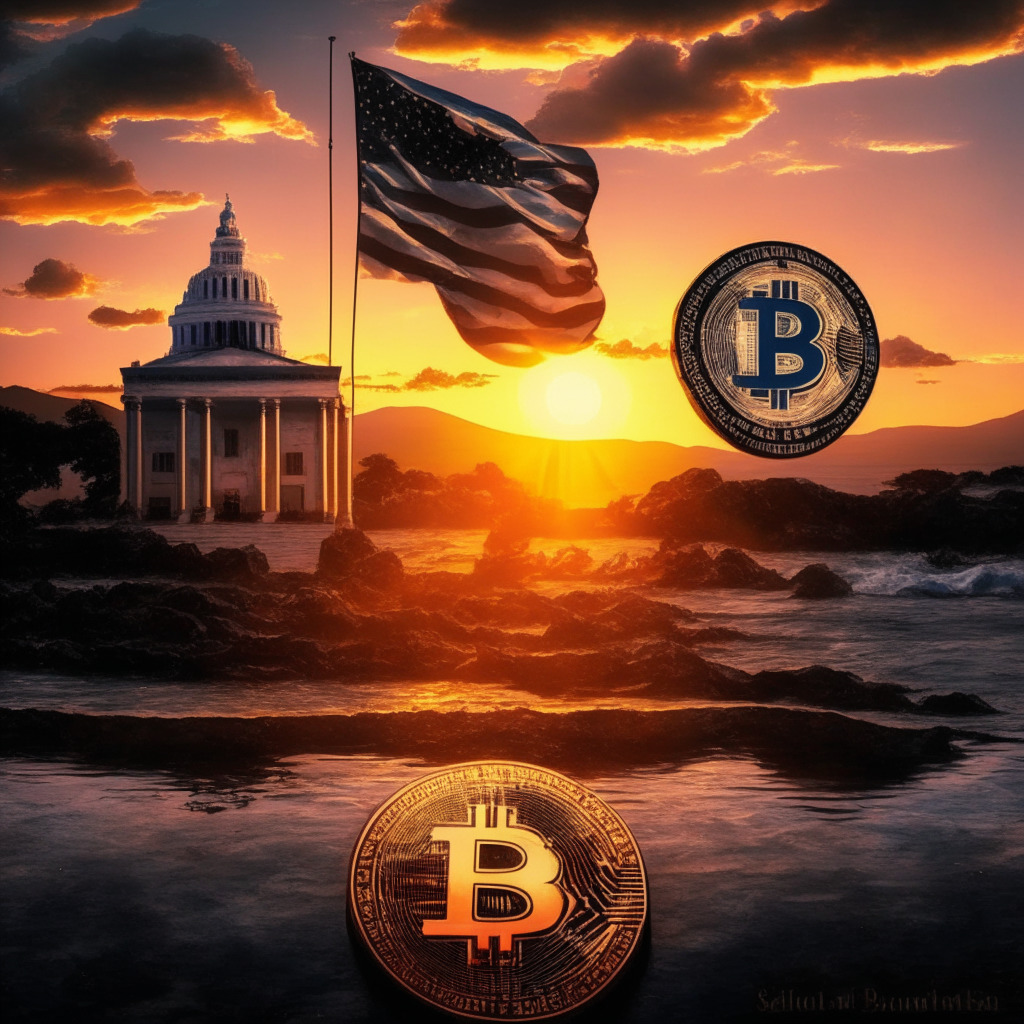 US Senators debating El Salvador's Bitcoin adoption, striking balance between economic stability and decentralization, contrast of traditional finance and cryptocurrency, sun setting on the background illustrating change, cyberworld and physical world merging, hopeful yet cautious mood.