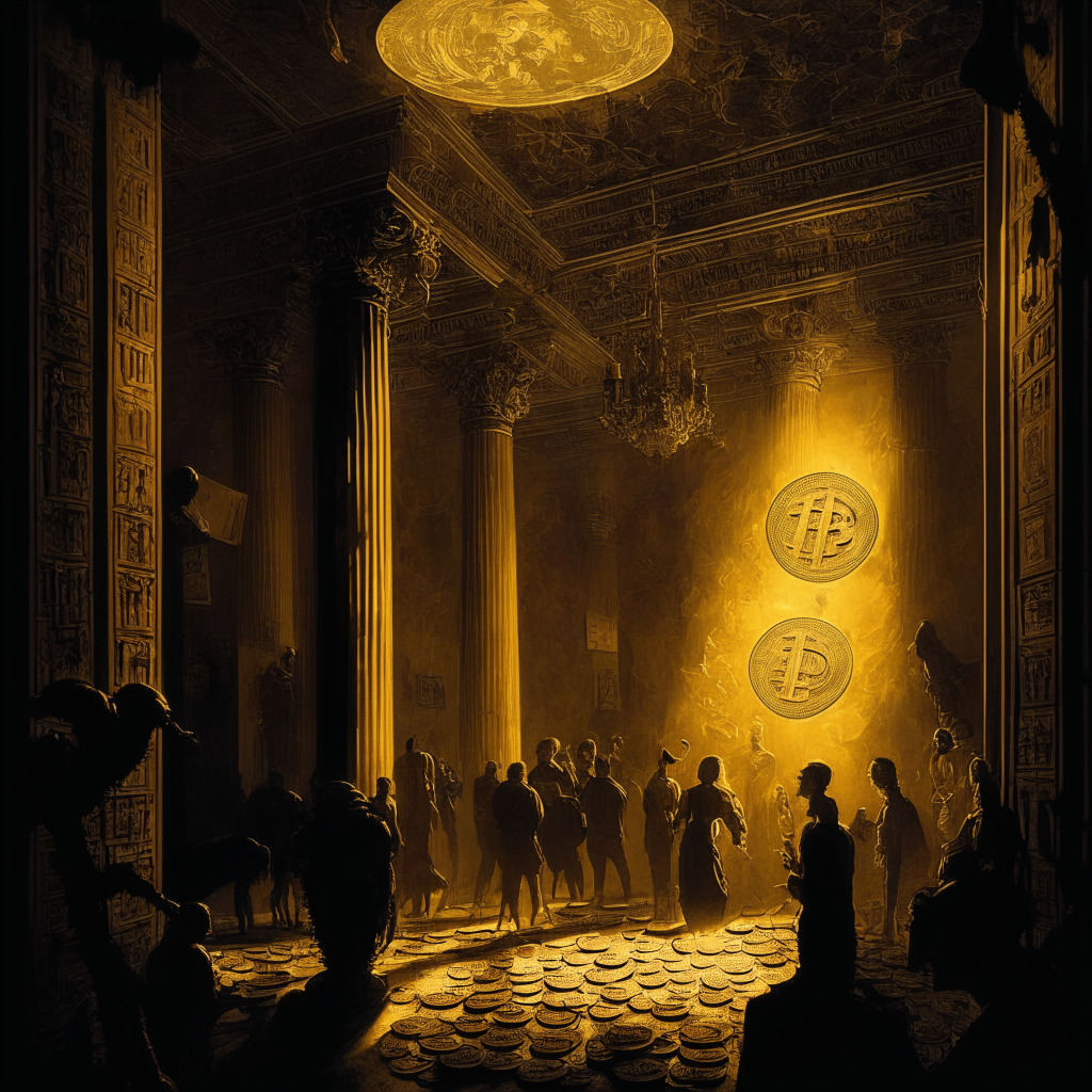 Intricate US Treasury scene, dimly lit, shadows, gloomy mood, debt ceiling panic, mix of physical and digital currency, surreal artistic style, Bitcoin hovering in the air, people caught between choice and uncertainty, faint golden glow around Bitcoin, tension and anticipation in faces.