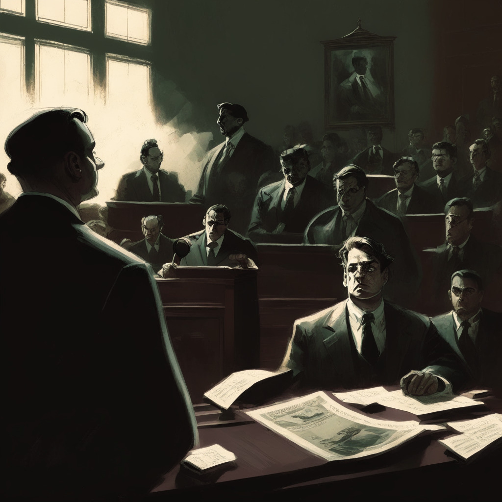 Twilight courtroom scene, US Treasury vs Tornado Cash, a balance scale with privacy & free speech on one side, government control & illicit activities on the other, intense facial expressions, soft light casting shadows, a tense atmosphere, an impressionist style hinting at the complexities of the legal battle and the future of cryptocurrency regulation.