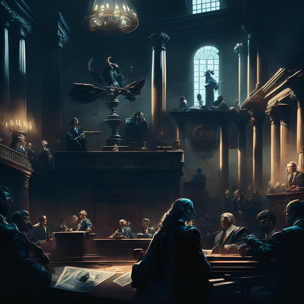 Intricate courtroom scene depicting a legal battle, US SEC & cryptocurrency exchange representatives, intense discussion, chiaroscuro lighting, Baroque art style, somber and serious mood, foreground filled with various cryptocurrencies, background showcasing a looming scale of justice.