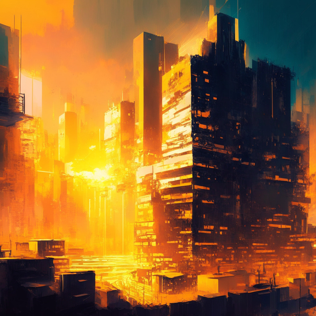 Crypto mining giants scene, glowing circuit board cityscape, expansion between old and new buildings, warm, golden-hour lighting, impressionist brush strokes, mood of growth and opportunity, energy beam symbolizing high consumption, contrasting shadows, hints of risk and sustainability challenges.