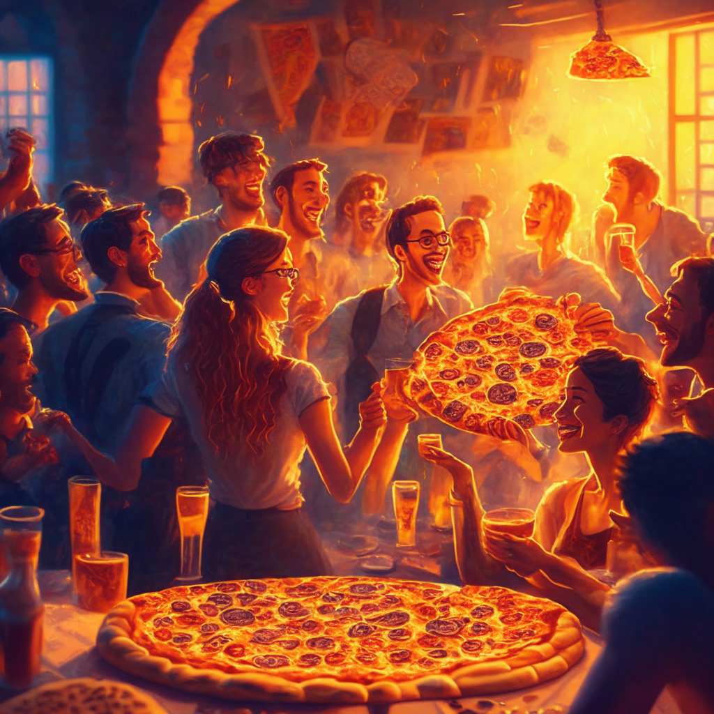 Cryptocurrency-themed pizza party, warm inviting atmosphere, evening golden hour light, multiple pizza varieties, diverse participants laughing, engaged in riddles & mazes, bokeh bitcoin symbols in the background, artistic impressionist style, joyful and exciting mood.