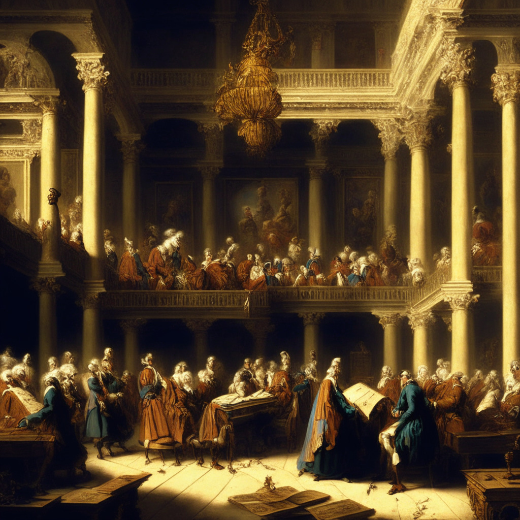 Intricate French legislative scene, warm, soft light, lawmakers discussing regulations, mixed emotions on faces, elegant Baroque architecture, cool and warm color palette, pensive mood, ornate manuscript depicting pros and cons, a hint of digital currency symbols, shadows reflecting progress and debate, dynamic brushstrokes convey lively debate.
