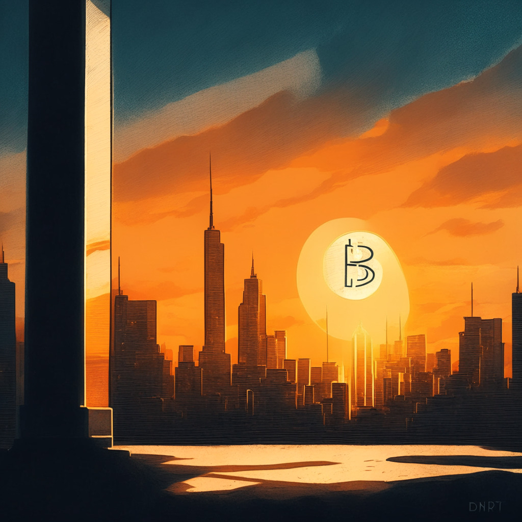Dusk setting, a hesitant Bitcoin symbol above skyline, contrasting altcoin on an upward trajectory, Tron coin subtly glowing, debt ceiling discussion as painted shadows, legal documents subtly dispersed, confident long-term investors in corner, warm and cool hues interplay, mildly uncertain mood.