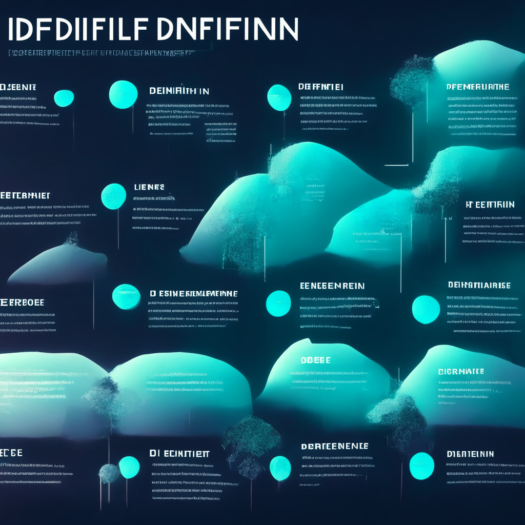 DeFi lending landscape, uncollateralized loans, streamlined access, boosted market liquidity, credit lines for institutions, pooling lending capacity, creditworthiness checks, transparent KYC, regulation compliant, new version enhancements, Tether stablecoin, Alexis Masseron's vision, innovative financial solutions, balance between innovation and security, futuristic artistic style, warm light setting, inviting yet cautious mood.