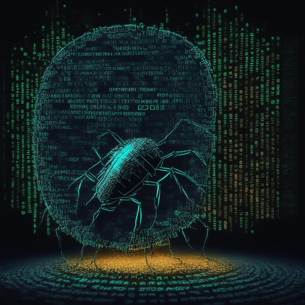 Mysterious bug in Bitcoin Ordinals, impact on NFTs and transactions, layer 1 vs layer 2 debate, surge of 3 million inscriptions, digital art and meme tokens, BRC-20 standard launch, market cap $137M, mostly text-based inscriptions, night setting, Matrix-inspired aesthetics, glowing lines of code, critical mood, sense of urgency.