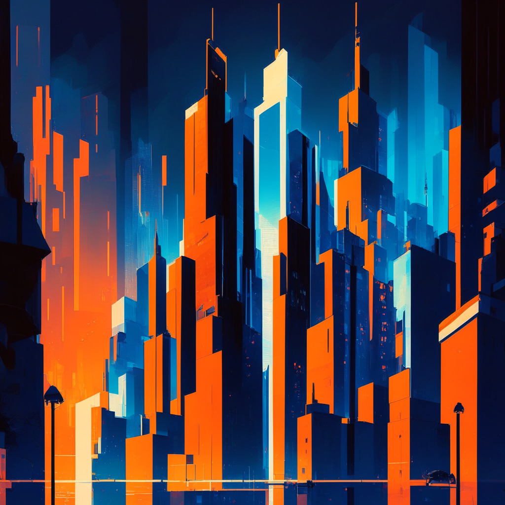 Ethereal cityscape reflecting Litecoin market dynamics, twilight ambiance, soft glowing street lamps, silhouetted skyscrapers, vibrant orange and blue hues creating a balance between undervaluation and potential growth, hints of Cubist and Futurist art styles, anticipative mood.