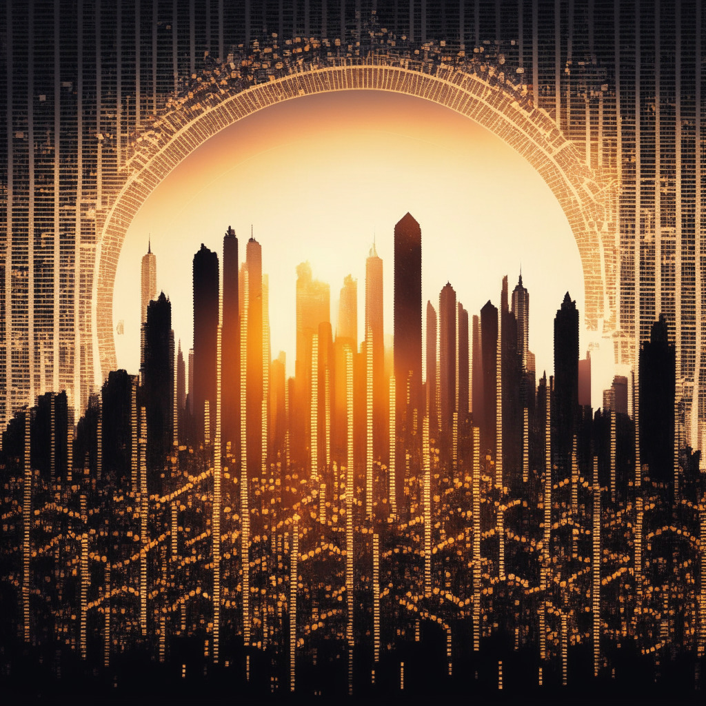 Sunrise over a digital cityscape, intricate blockchain pattern, Litecoin emerging from shadows, contrast of light & dark, stablecoins in the background, 12th spot on crypto pyramid, Hong Kong skyline silhouette, optimistic mood, DeFi ecosystem elements, DAOs entwined in chains, hint of artistic abstraction.