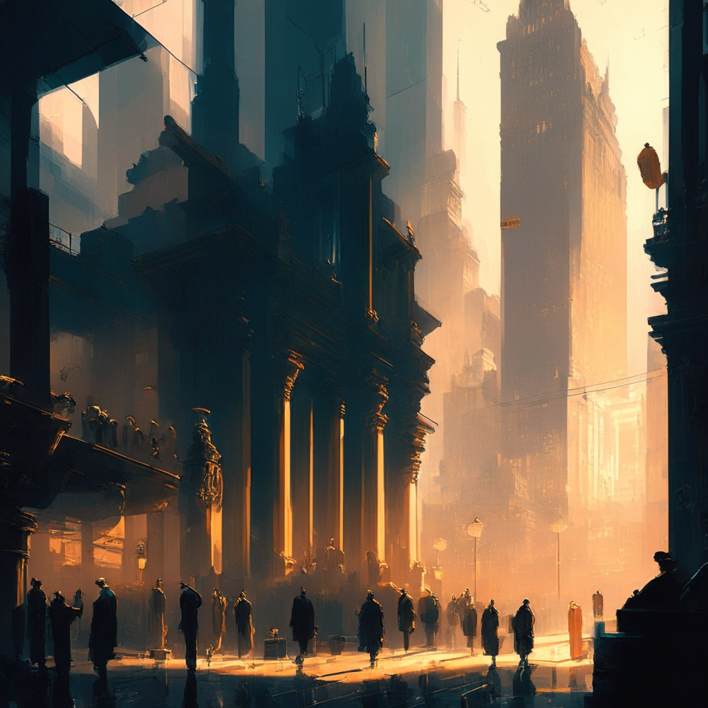 Intricate cityscape with diverse workers, futuristic tech, and a bustling stock exchange, contrasting warm and cool tones, soft chiaroscuro lighting, impressionist style, hopeful yet uncertain mood, elements of cryptocurrency subtly woven in.