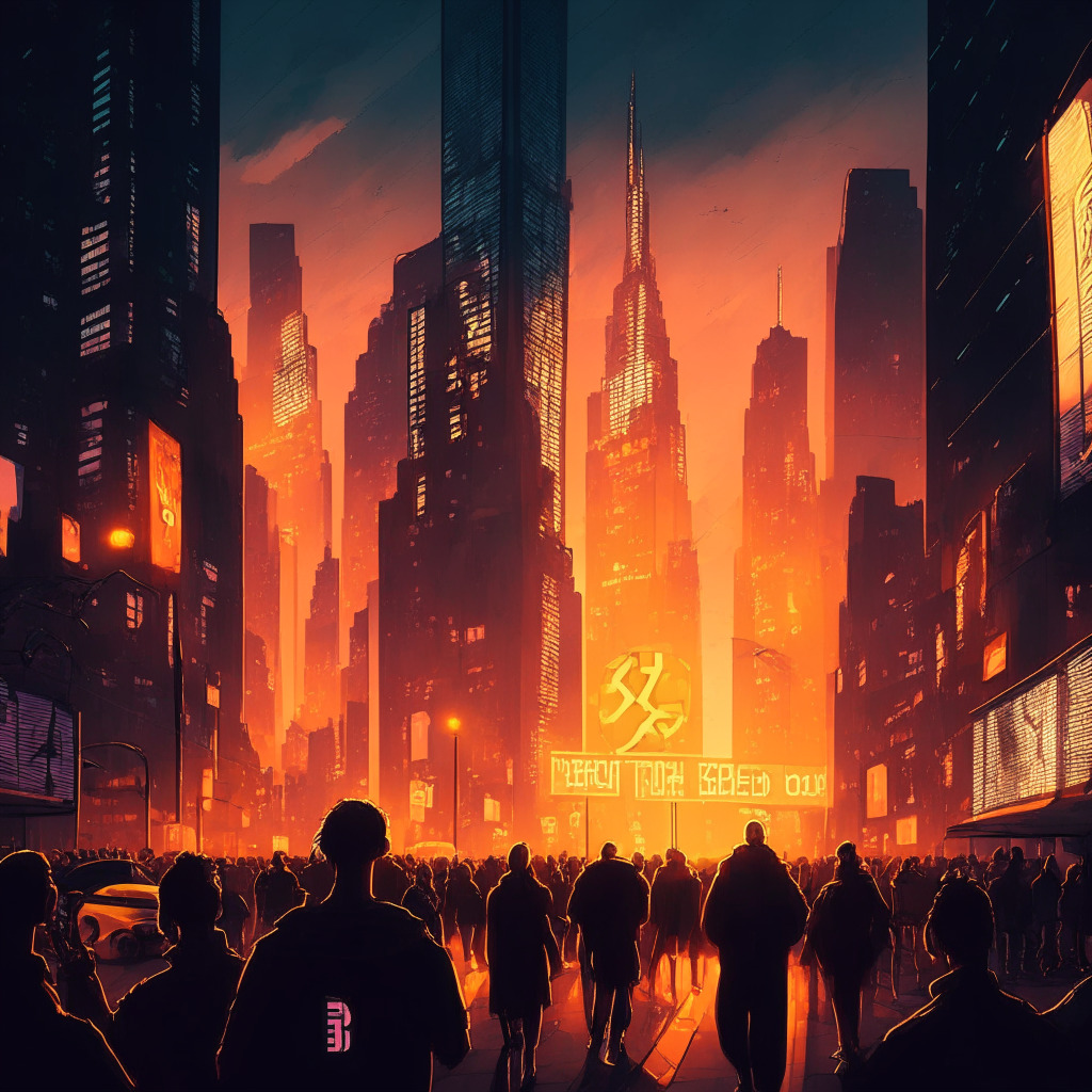 Sunset-lit cityscape, gloomy mood, Baroque style, shadowy skyscrapers, large screen displaying Bitcoin price drop, diverse crowd with shocked expressions, various meme cryptocurrencies glowing amidst darkness, futuristic street signs with project names (AiDoge, BSV, LDO, ECOTERRA, SUI, SWDTKN), vibrant yet uncertain atmosphere.