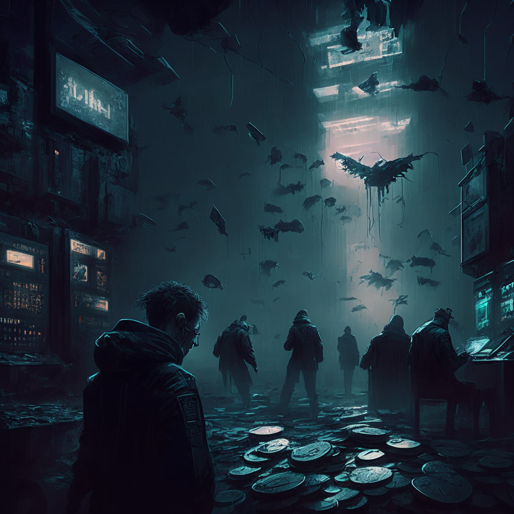 Intricate blockchain scene, TORN tokens rising, mischievous hacker submitting proposal, Tornado Cash community members discussing, moody atmosphere, contrasting shadows, low-light setting, dynamic composition, cyberpunk art style, ambivalent emotions, looming uncertainty, sense of vigilance.