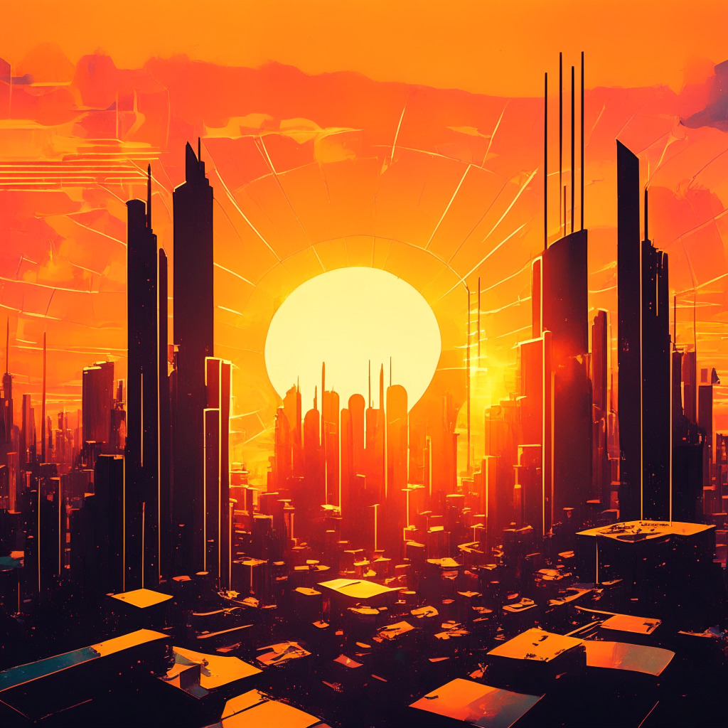 Sunset over a decentralized cityscape, scales of justice symbolizing debate, abstract DeFi ecosystem with interconnected pools, warm hues invoking optimism for Uniswap treasury growth. Ethereal figures discussing intricate financial mechanisms, hint of tension in the air, signaling crucial decision's impact on DeFi sector. (350 characters)