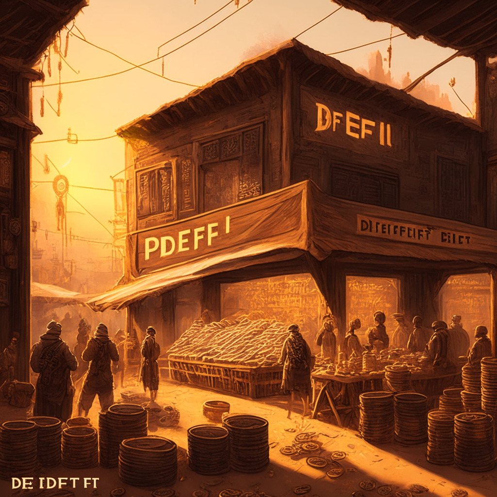Rustic DeFi market scene, warm golden hour light, intricate engraving style, bustling trade vibe. Featuring decentralized exchange, Smart BRC-20 tokens, fluid token swaps, users providing liquidity, unbreakable smart contracts, expanding potential for Bitcoin in DeFi space, the challenge of scaling unaddressed, and a promise of evolving cryptocurrency landscape.