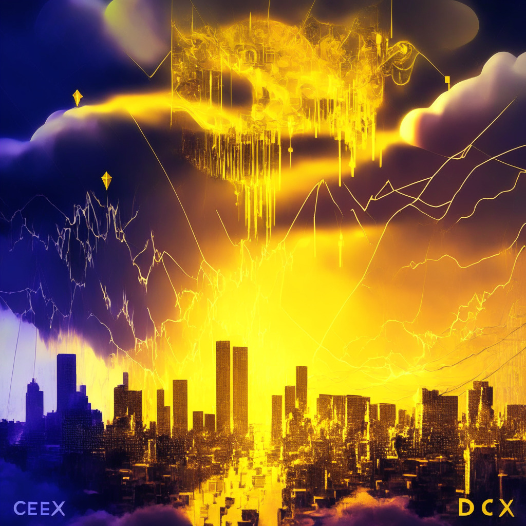 Ethereum-based DEX overtakes prominent CEX, radiant golden glow representing success, abstract financial charts showcasing trading volumes, contrasting light and shadows for centralization vs decentralization, vibrant digital cityscape reflecting thriving crypto ecosystem, storm clouds in distance representing challenges and uncertainties.