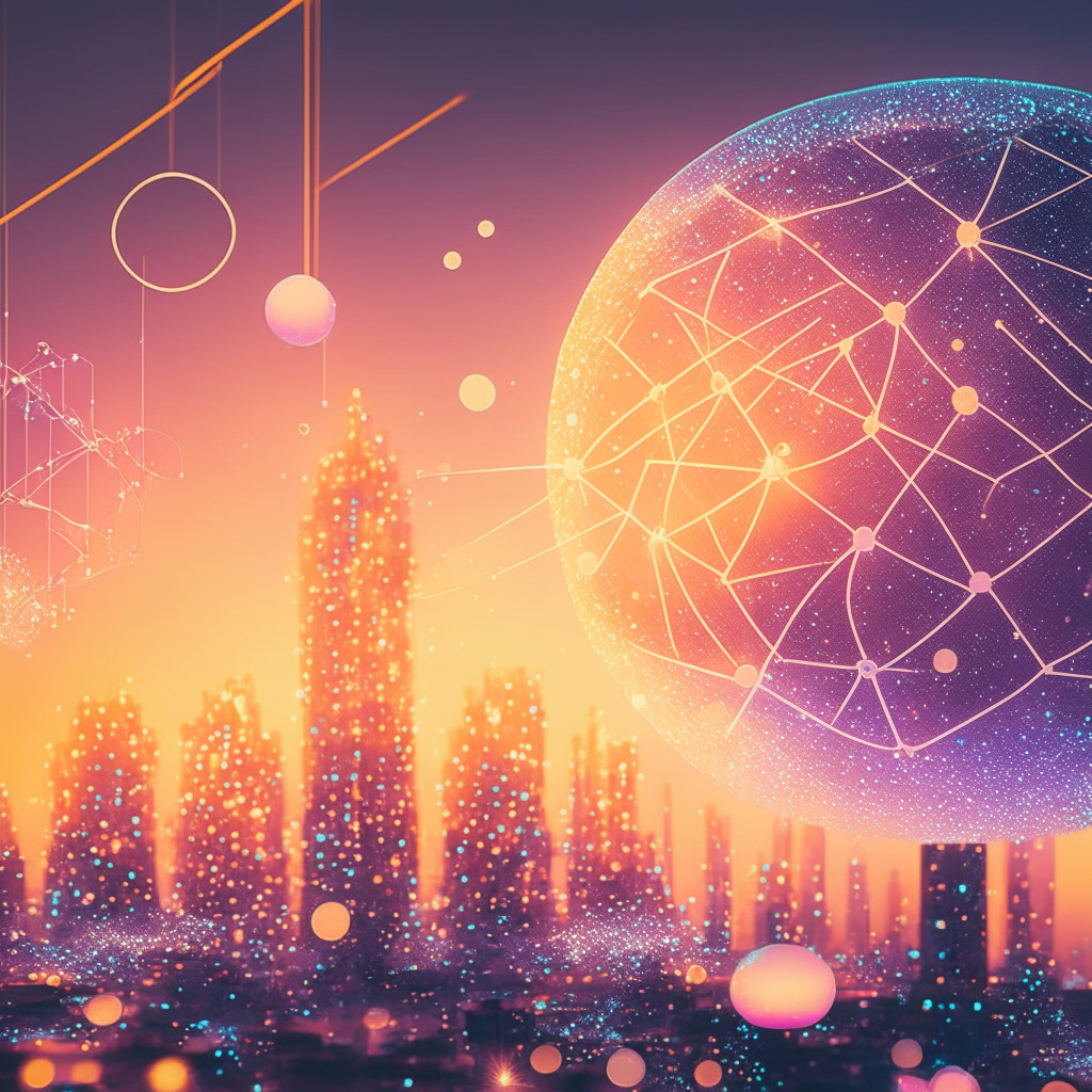 Ethereal cityscape with Polkadot network, Moonbeam parachain, futuristic abstract DeFi structures, Uniswap v3 prominence, soft pastel colors, warm glow from the sunset, glowing interconnected nodes, uplifting mood, sense of innovation, increased scalability, decentralized foreground, user-focused design.