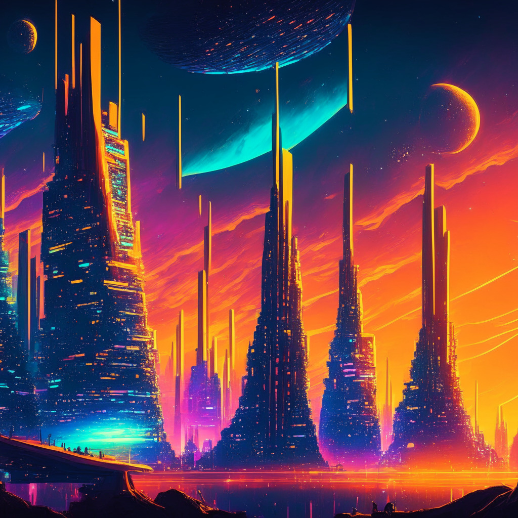 Futuristic city lit by warm sunset glow, blockchain concept integrated into infrastructure, prominent decentralized finance elements, harmony between innovation & security, digital ledgers hovering above, contrasting optimism & skepticism, in Van Gogh's Starry Night style, vibrant colors reflecting dynamism & uncertainty.