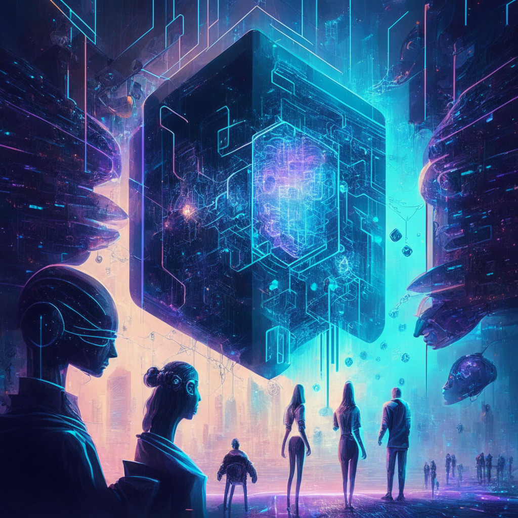 Futuristic scene with humans and AI collaborating, multipolar superintelligence, light from digital networks, vibrant cyberspace, secure and transparent data-sharing, collective mood of progress, safeguarded AI applications, subtle hints of cryptography-inspired artwork, merging AI and crypto philosophies.