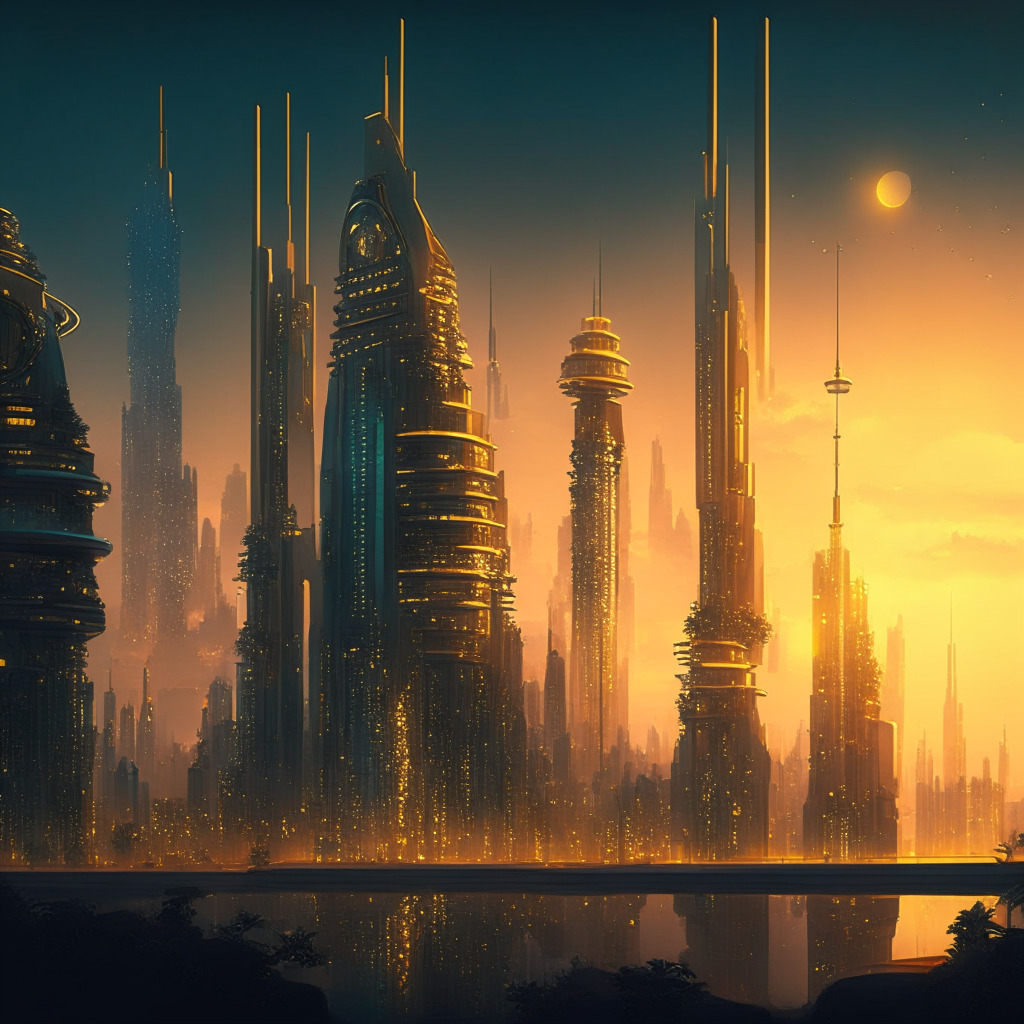 A futuristic financial skyline at twilight, steampunk aesthetic, golden & shimmering hues, blockchain networks interconnecting high-rises, dynamic yet peaceful mood, hint of greenery symbolizing eco-friendly approach, diverse industries represented through symbolic icons, sense of secured trust in the atmosphere.
