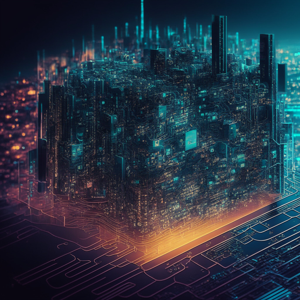 Intricate circuit board cityscape, twilight glow, cubist style, hazy skyline, discreet transactions, contrasting transparent and encrypted elements, air of mystery and innovation, trust and compliance, futuristic financial landscape, delicate balance of privacy and transparency.