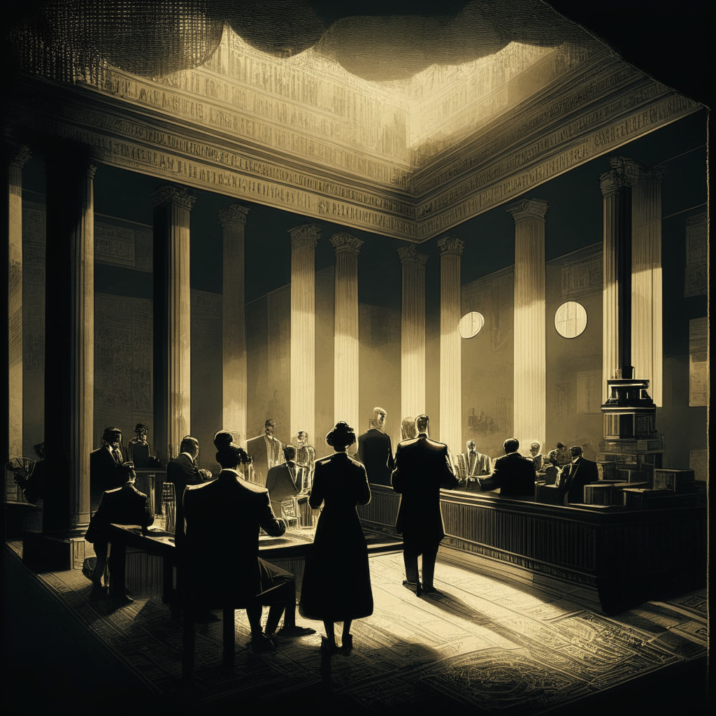 Central banks implementing offline CBDCs, moody dim-lit scene, balance of privacy and security, vintage engraving style, financial inclusion and resilience, contrasting shadows, neutral tones, diverse individuals interacting, blend of traditional and futuristic elements, subtle hints of digital transactions.