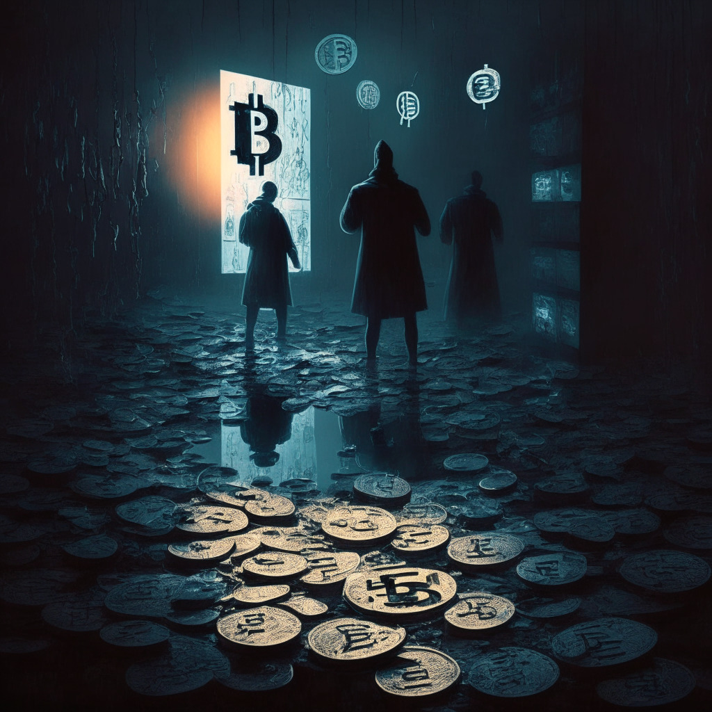Cryptocurrency chaos, social experiment, trader vulnerabilities, moody atmosphere, twilight ambience, reflective surface, internet security lesson, touch of morality, sense of sensibility, cautionary message, power of social media, vulnerability exposed, tokens representing greed, shadows & light, delicate balance.
