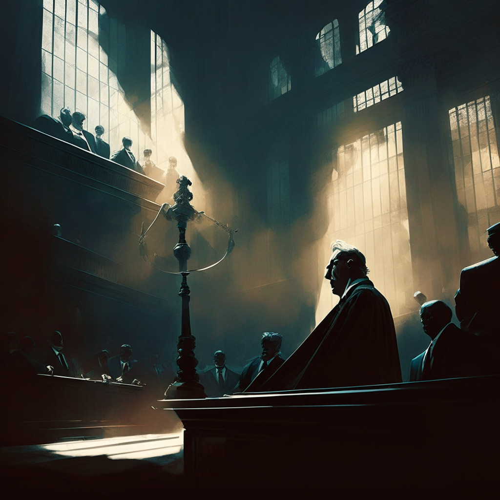 Intricate courtroom drama, stunning contrasts of light and shadow, scales of justice tipped in favor of a mysterious figure, powerful emotions captured in expressions, heightened tension, warm tones signifying courage, cold hues symbolizing opportunism, a cryptocurrency versus traditional market backdrop.