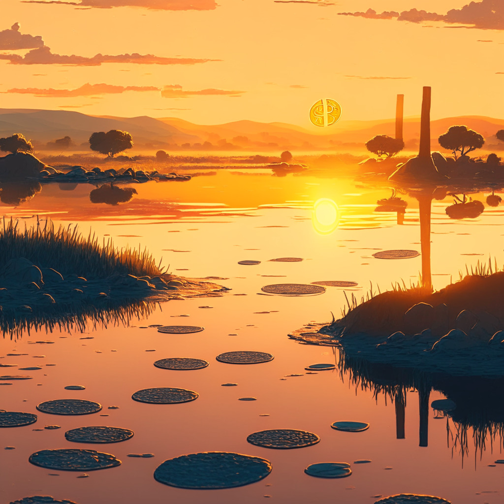 Tranquil Bitcoin landscape at sunset, warm color palette, gentle glowing light, low on-chain trading volume, crypto wallets resting, market participants in wait-and-see mode, looming political and monetary uncertainties, soothing mood, subtle hint of Bitcoin Core update.